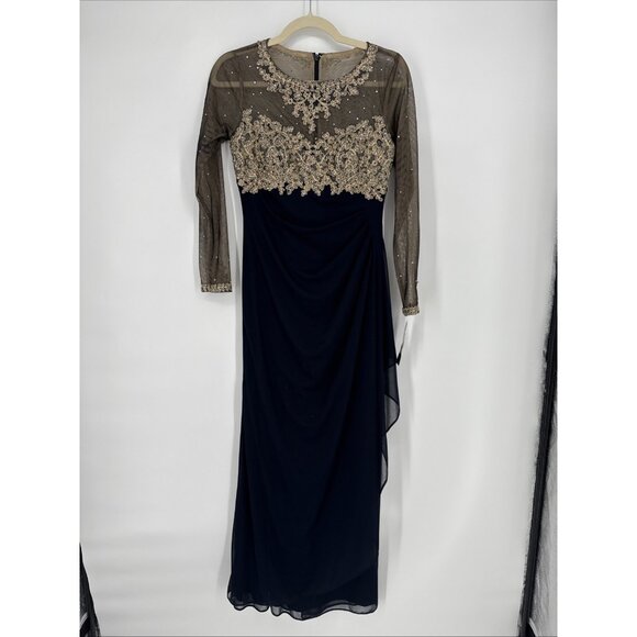 New XSCAPE Size 2 Petite Navy Gold Embellished Illusion-Bodice Ruched Gown Dress - Picture 3 of 10